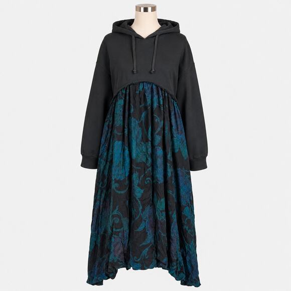 None and/or Unknown Dresses & Skirts - Hooded Floral Midi Dress Women's Est. Med Black Blue Hooded Boho Long Sleeve
